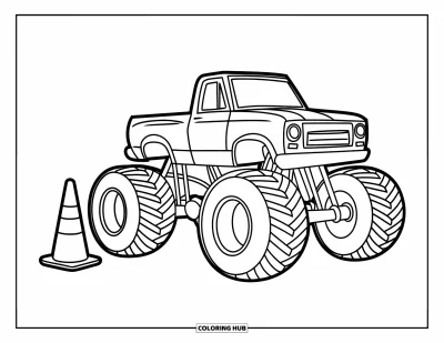 Målarbild med monstertruck för barn: En liten monstertruck står parkerad nära en trafikkona med stora hjul som tornar bredvid