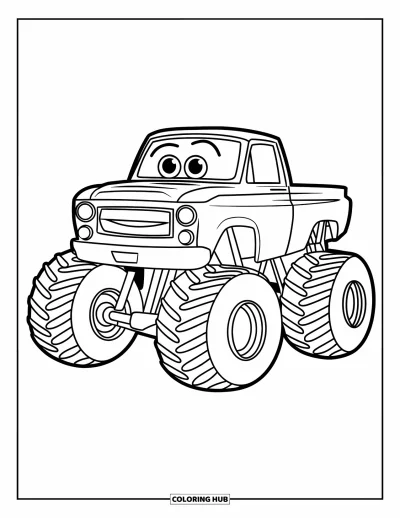 Målarbild med monstertruck för barn: En leende monstertruck med runda ögon och stora däck står parkerad i förgrunden