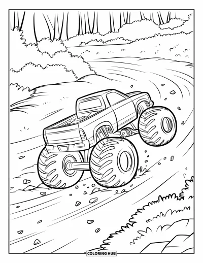 Målarbild med monstertruck för barn: En taggig monstertruck gör en wheelie på en stenig stig och rusar genom en frodig skog