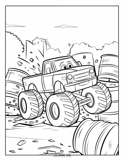 Målarbild med monstertruck för barn: En taggig monstertruck med massiva däck väntar i en arena omgiven av utbrända bilar