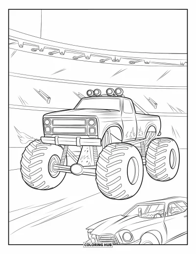 Målarbild med monstertruck för barn: En taggig monstertruck med massiva däck väntar i en arena omgiven av utbrända bilar
