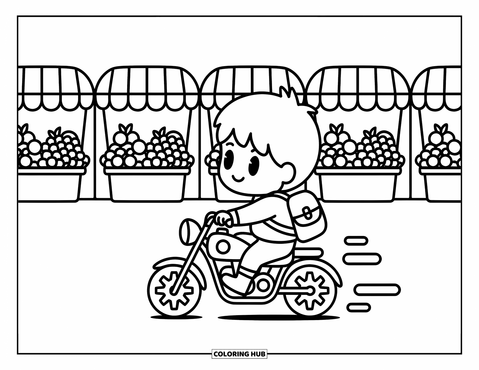 Desenho de moto para colorir para adultos: Um menino anda em uma moto decorada com engrenagens por barracas fofas cheias de frutas e flores