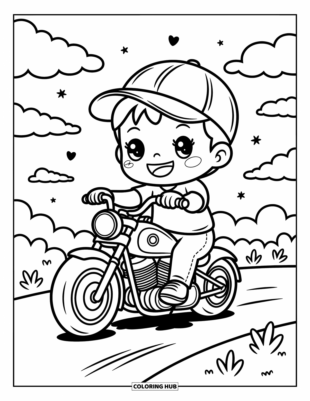 Desenho de moto para colorir para adultos: Um menino com um boné de lado anda em uma moto gordinha sob nuvens fofas