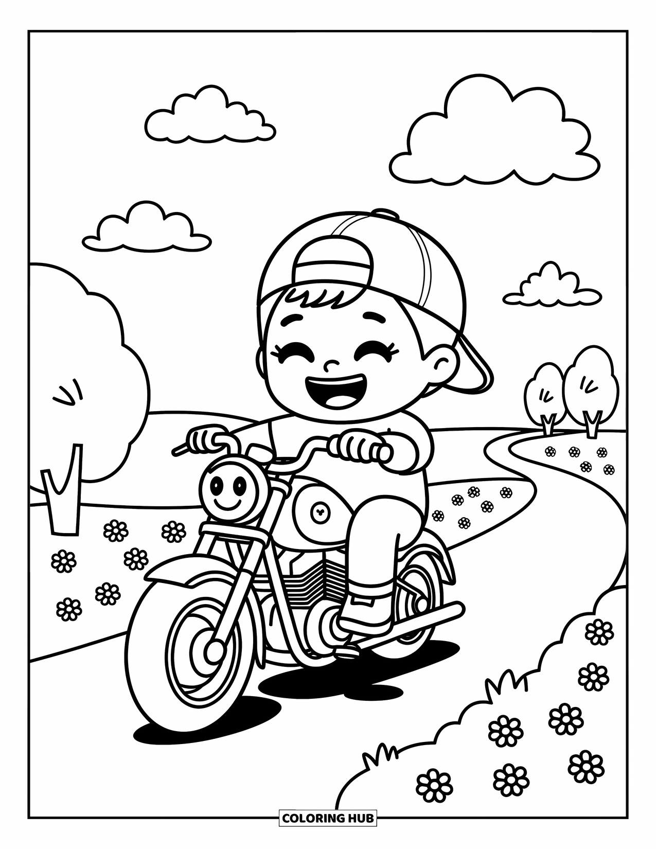 Desenho de moto para colorir para adultos: Um menino com um sorriso largo anda em uma moto gordinha cercada por nuvens e pequenas flores