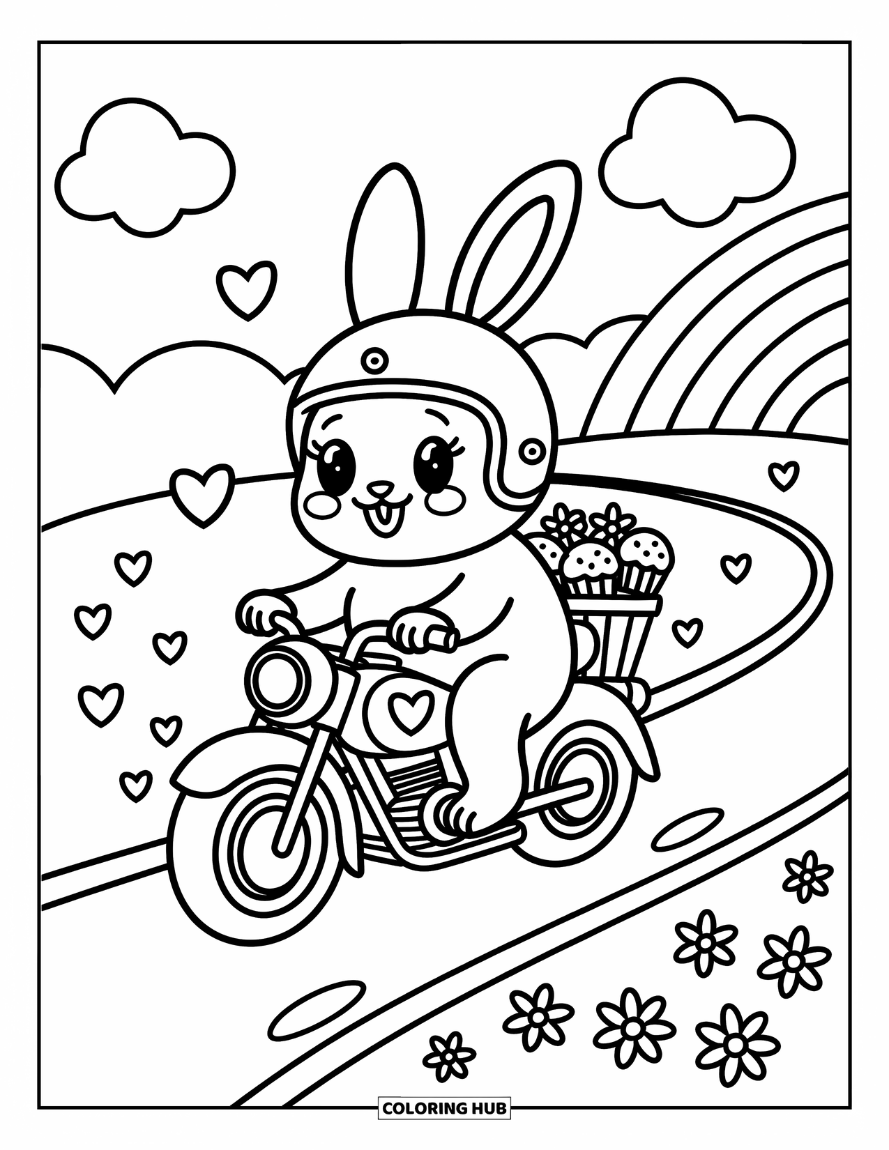 Desenho de moto para colorir para adultos: Um coelho usando um capacete anda de moto com corações, flores e cupcakes