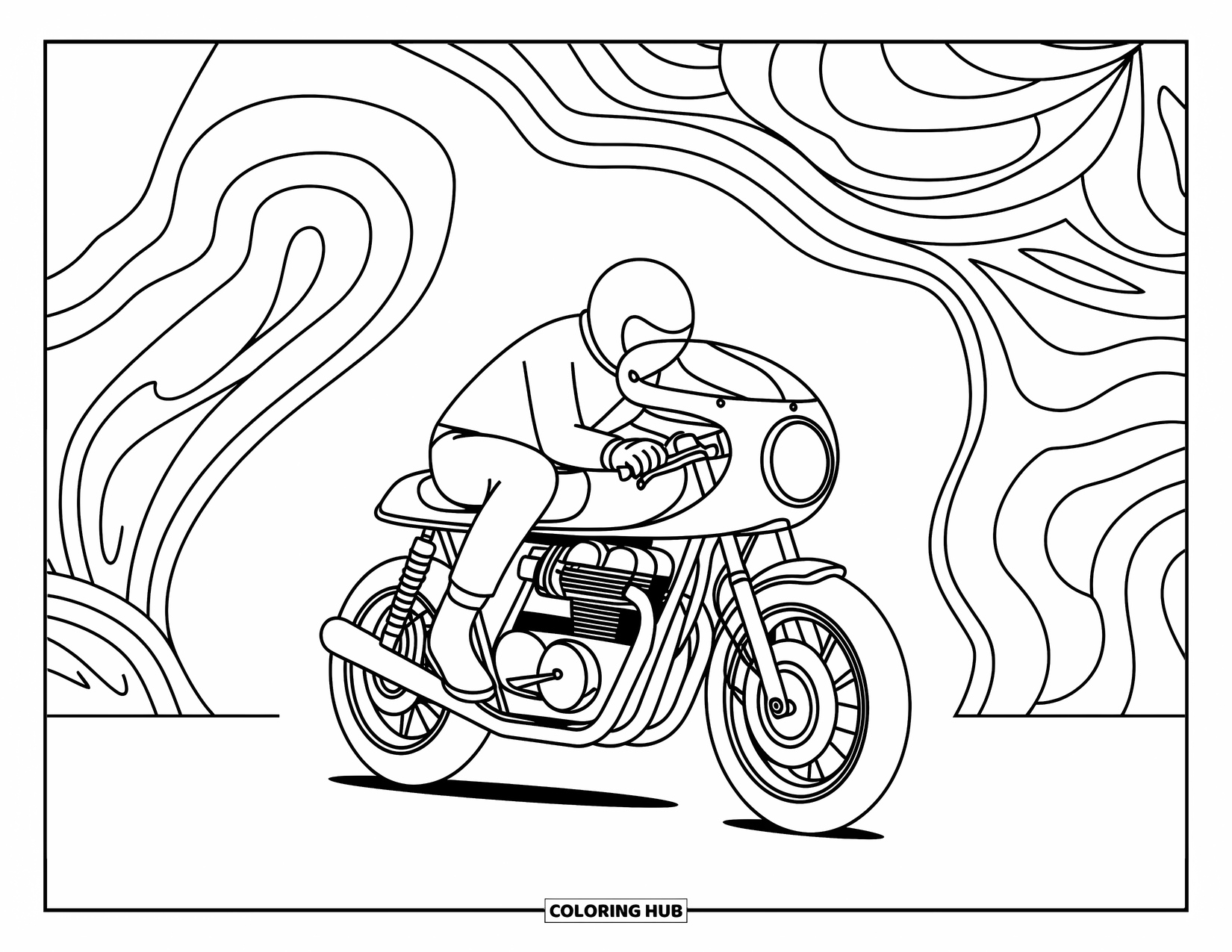 Desenho de moto para colorir para adultos: Uma moto cafe racer se destaca com padrões intrincados girando no fundo