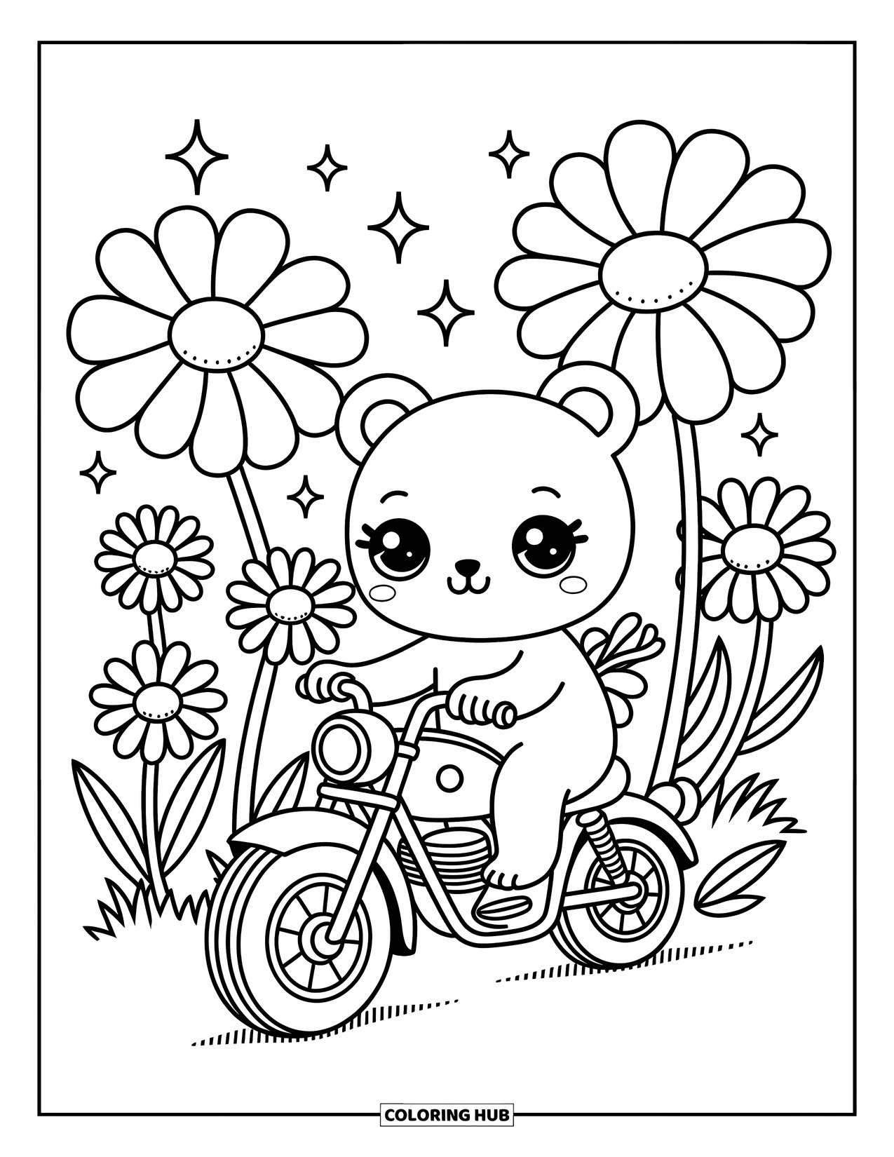 Desenho de moto para colorir para adultos: Um urso alegre passa por margaridas fofas com brilhos flutuando no ar