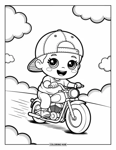 Desenho de moto para colorir para adultos: Um menino alegre de olhos grandes pilota uma motocicleta fofa sob nuvens macias e fofinhas