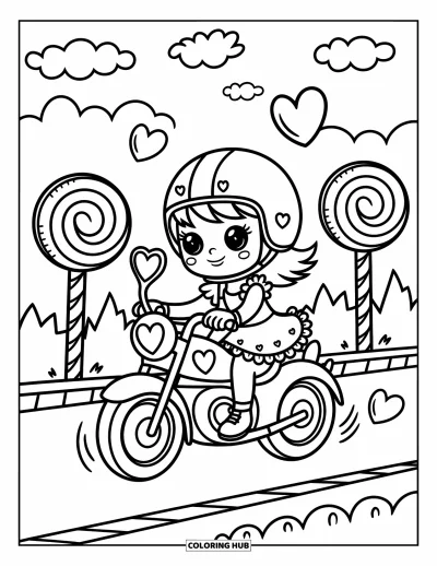 Desenho de moto para colorir para adultos: Uma garota alegre em uma motocicleta desliza por doces gigantes em um cenário divertido