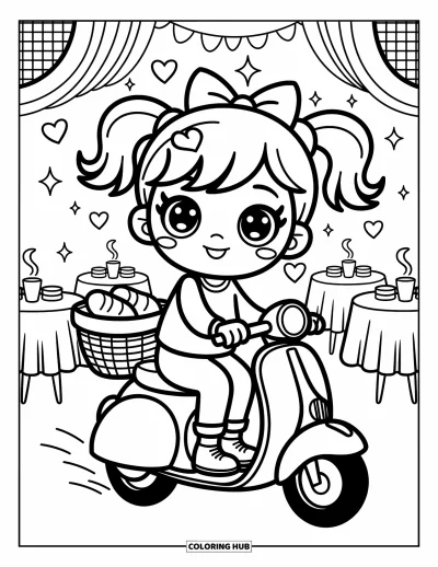 Desenho de moto para colorir para adultos: Uma garota alegre pilota uma scooter passando por um café, com corações e brilhos flutuando ao redor
