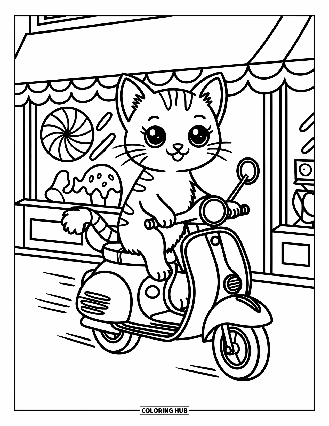 Desenho de moto para colorir para adultos: Um gatinho alegre anda de scooter com linhas de velocidade, passando por uma loja de doces cheia de doces