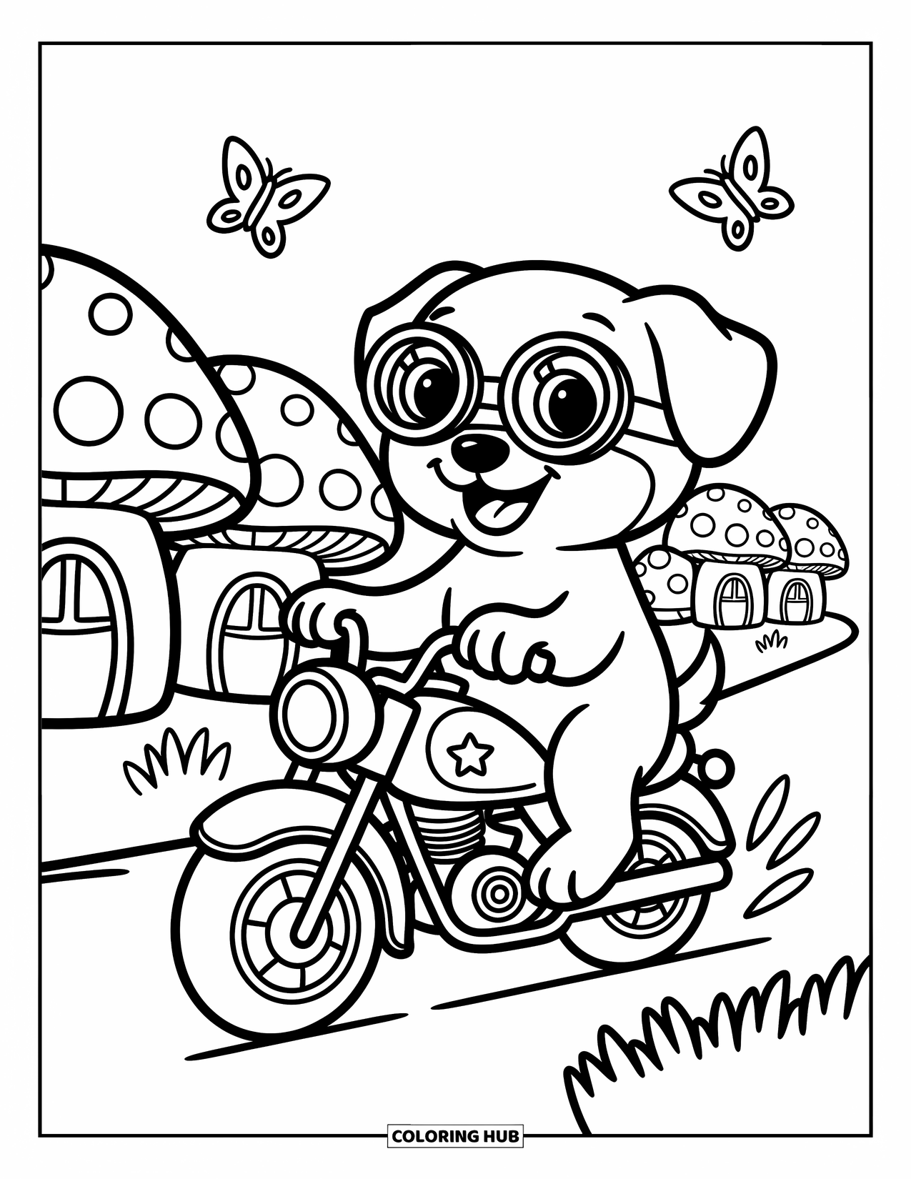 Desenho de moto para colorir para adultos: Um cachorrinho alegre com óculos de proteção anda em uma pequena moto por casas de cogumelos extravagantes