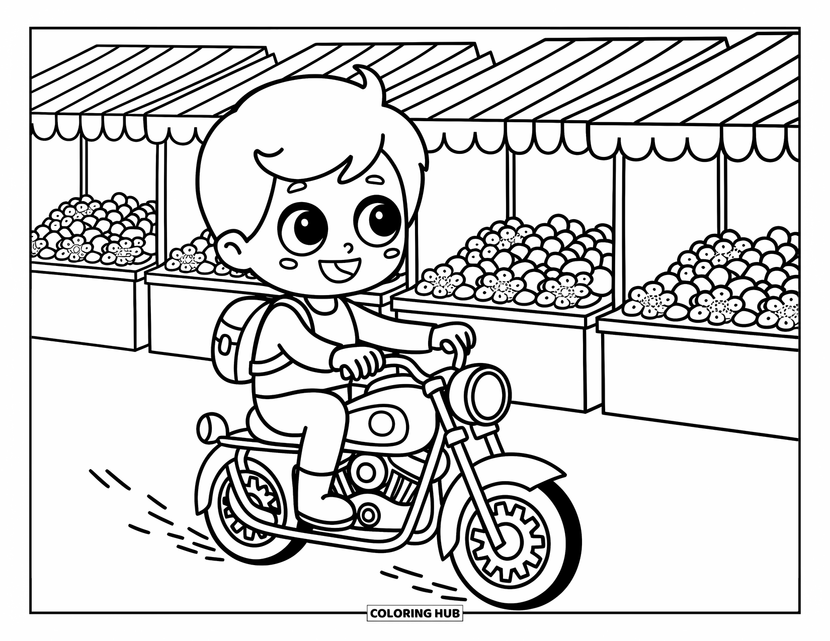 Desenho de moto para colorir para adultos: Um menino chibi com uma mochila anda de moto por barracas de frutas e flores alegres