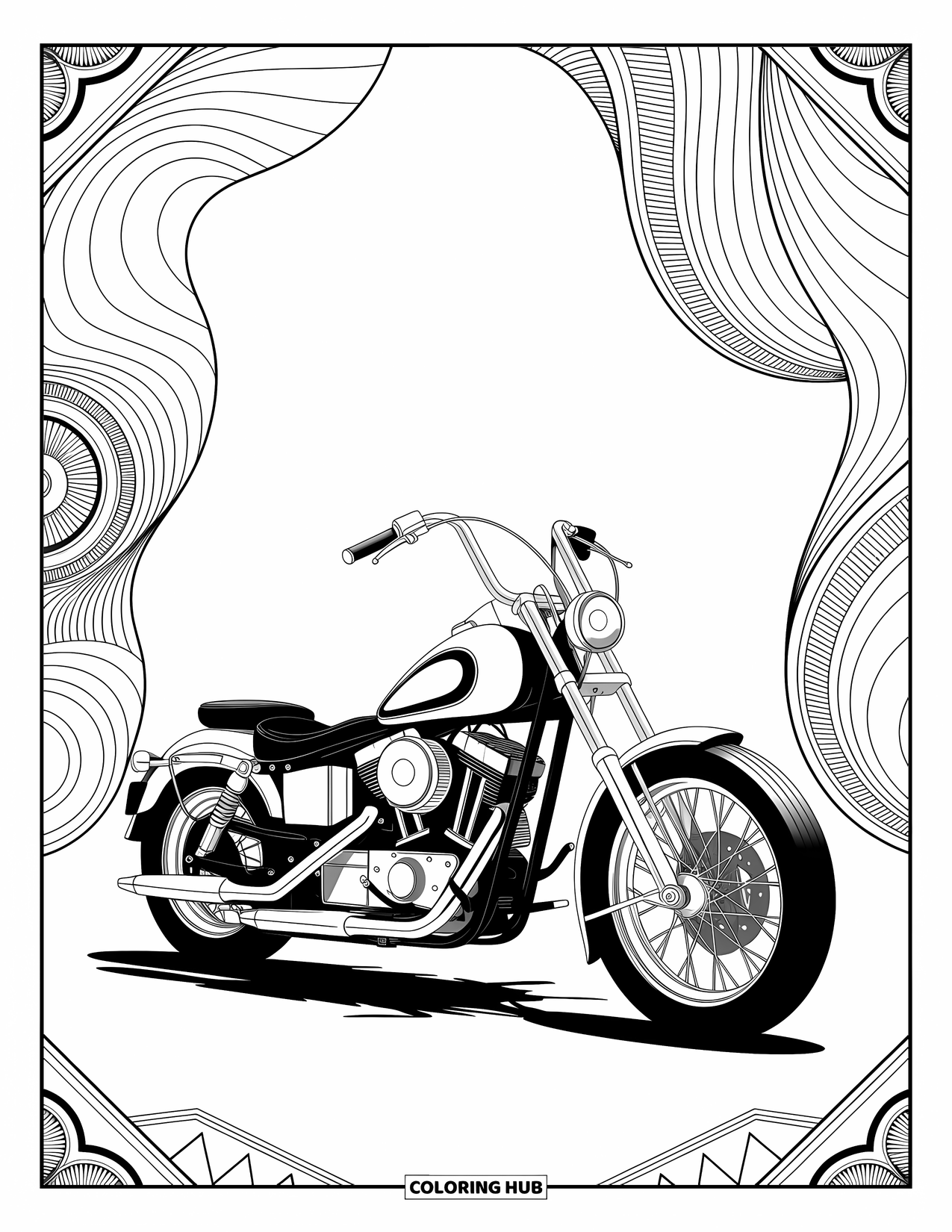 Desenho de moto para colorir para adultos: Uma moto chopper com linhas ousadas é emoldurada por intrincados designs de mandala e geométricos