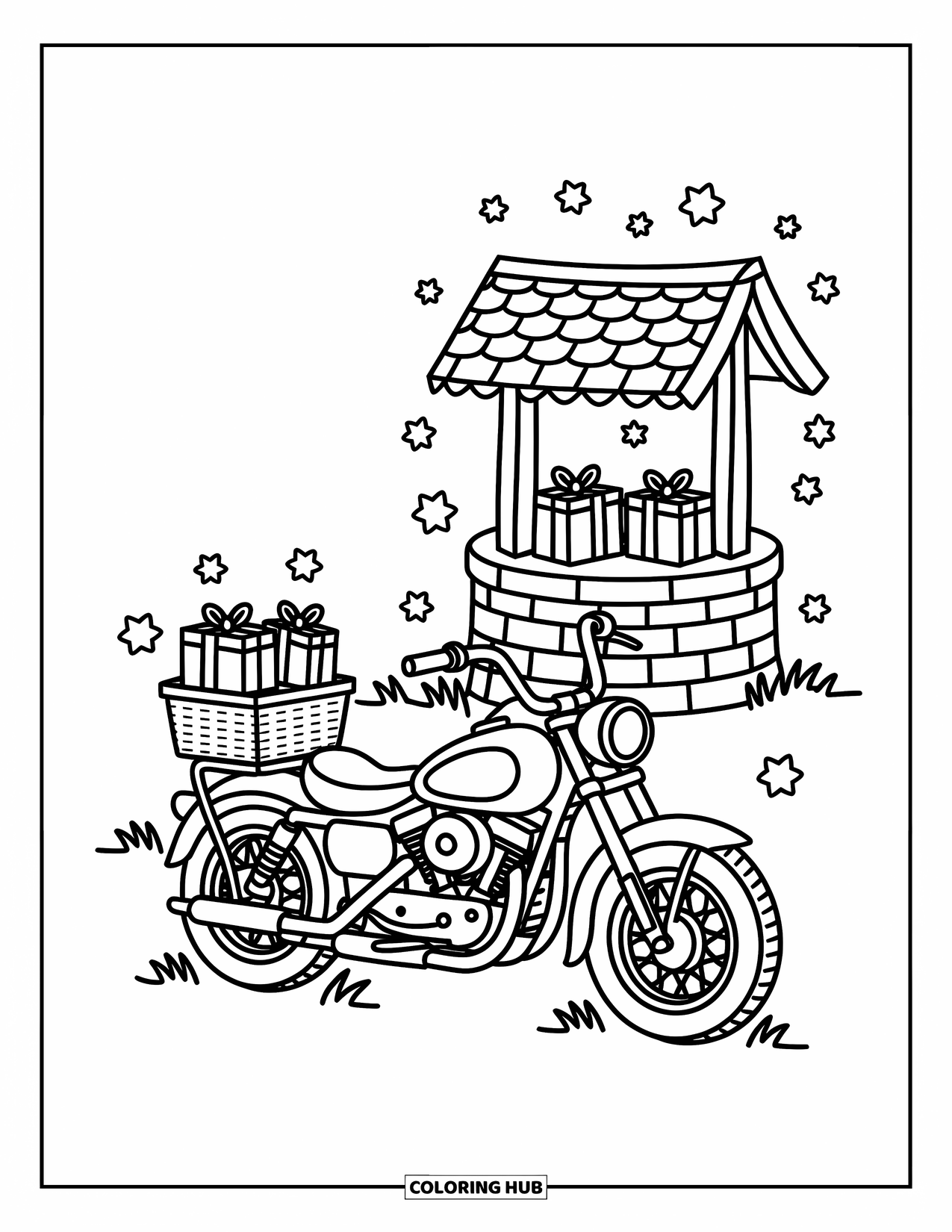 Desenho de moto para colorir para adultos: Uma moto robusta com presentes estacionada perto de um poço dos desejos com estrelas flutuantes acima