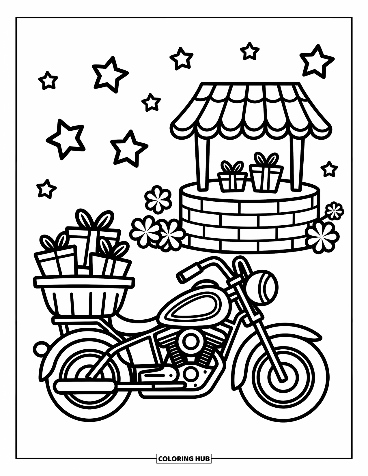 Desenho de moto para colorir para adultos: Uma moto robusta com presentes fica perto de um poço dos desejos cercado por trevos e estrelas