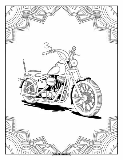 Desenho de moto para colorir para adultos: Uma motocicleta chopper clássica é cercada por padrões de mandala e formas geométricas em espiral