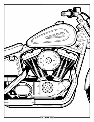 Desenho de moto para colorir para adultos: Um close de motor de motocicleta cheio de peças mecânicas e padrões intrincados