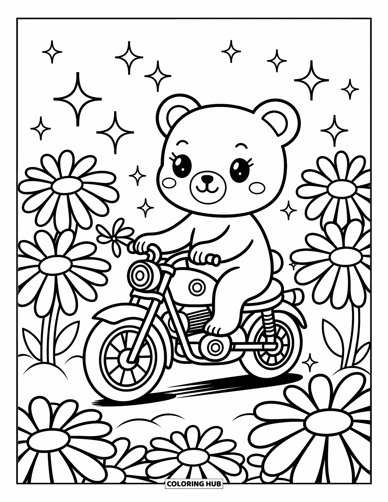 Desenho de moto para colorir para adultos: Um urso fofo anda em uma pequena moto por um campo de margaridas gigantes