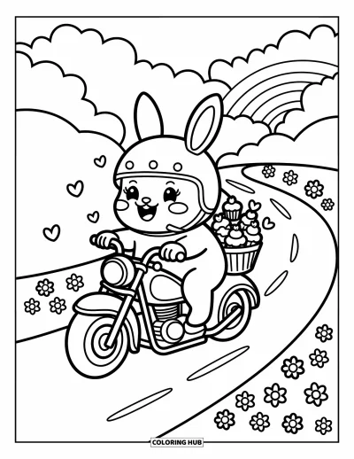 Desenho de moto para colorir para adultos: Um coelhinho fofo pilota uma motocicleta passando por colinas onduladas, corações e um arco-íris