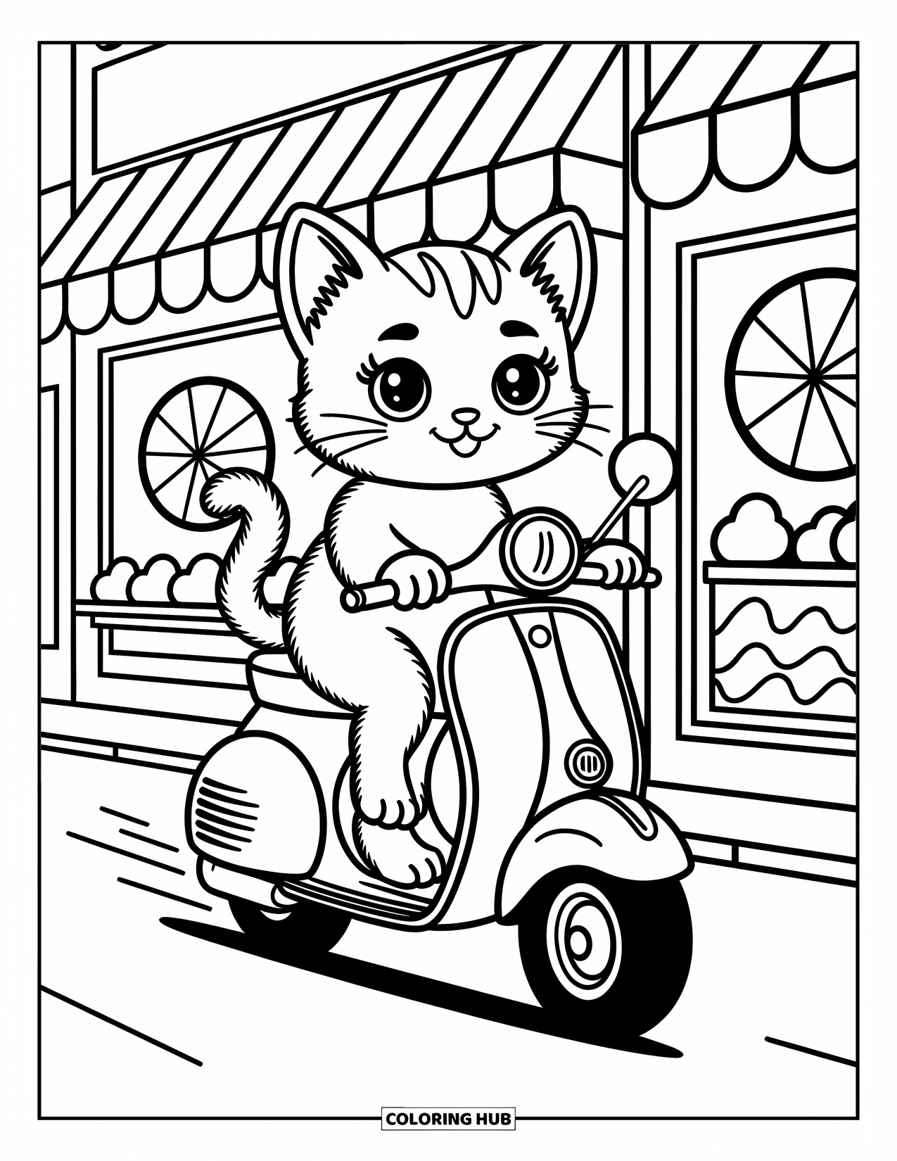 Desenho de moto para colorir para adultos: Um gatinho fofo senta-se em uma scooter com espelhos grandes perto de uma loja de doces com placas de doces