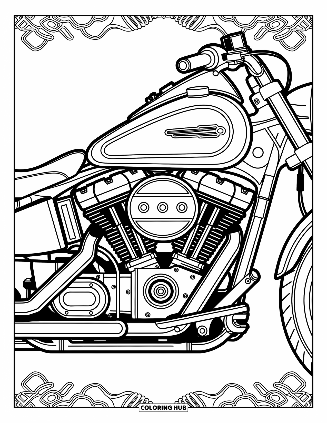 Desenho de moto para colorir para adultos: Uma ilustração detalhada do motor com linhas nítidas e designs mecânicos artísticos ao redor