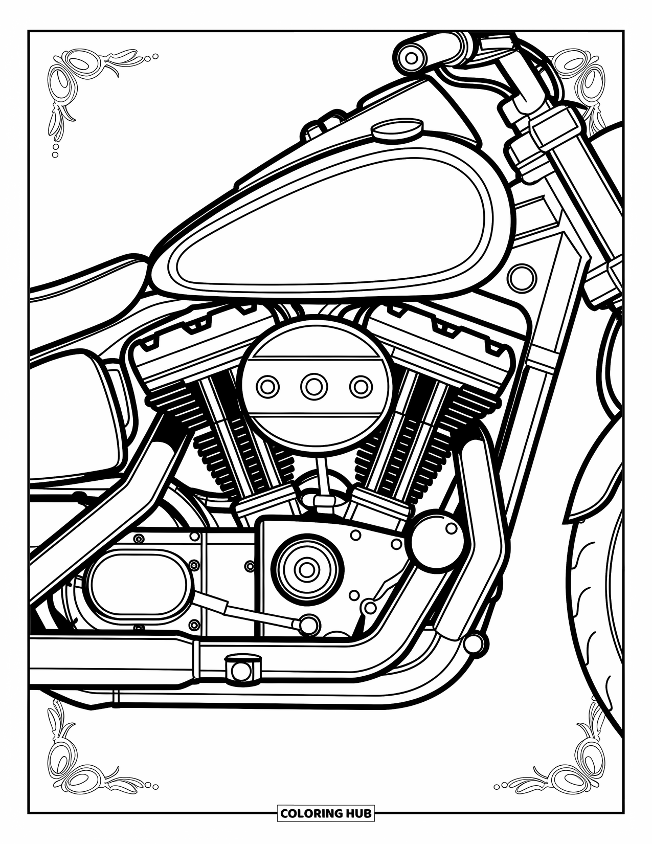 Desenho de moto para colorir para adultos: Um motor de moto detalhado cercado por bordas elegantes e designs mecânicos complexos