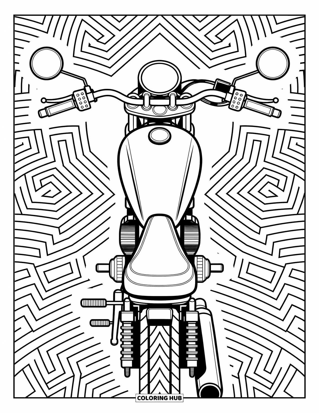 Desenho de moto para colorir para adultos: Uma moto detalhada de cima, cercada por grades geométricas e designs fluidos