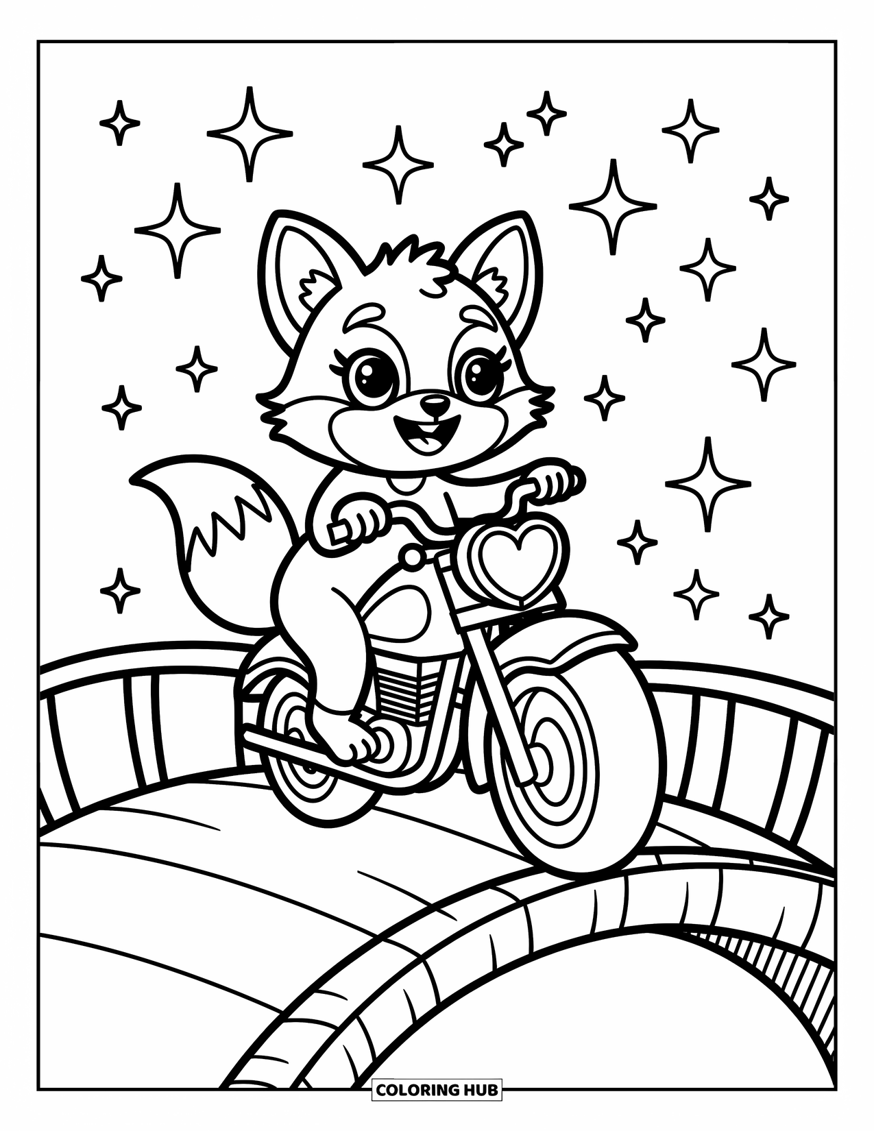 Desenho de moto para colorir para adultos: Uma raposa com olhos grandes anda em uma moto gordinha sobre uma ponte arqueada extravagante