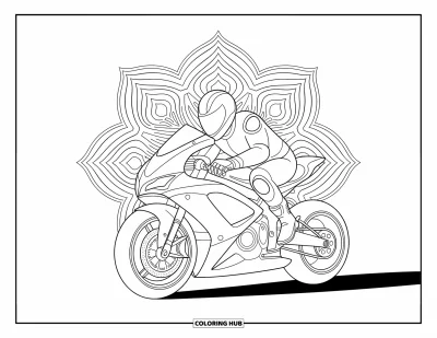 Desenho de moto para colorir para adultos: Uma moto futurista com piloto é emoldurada por designs intrincados inspirados em mecânica
