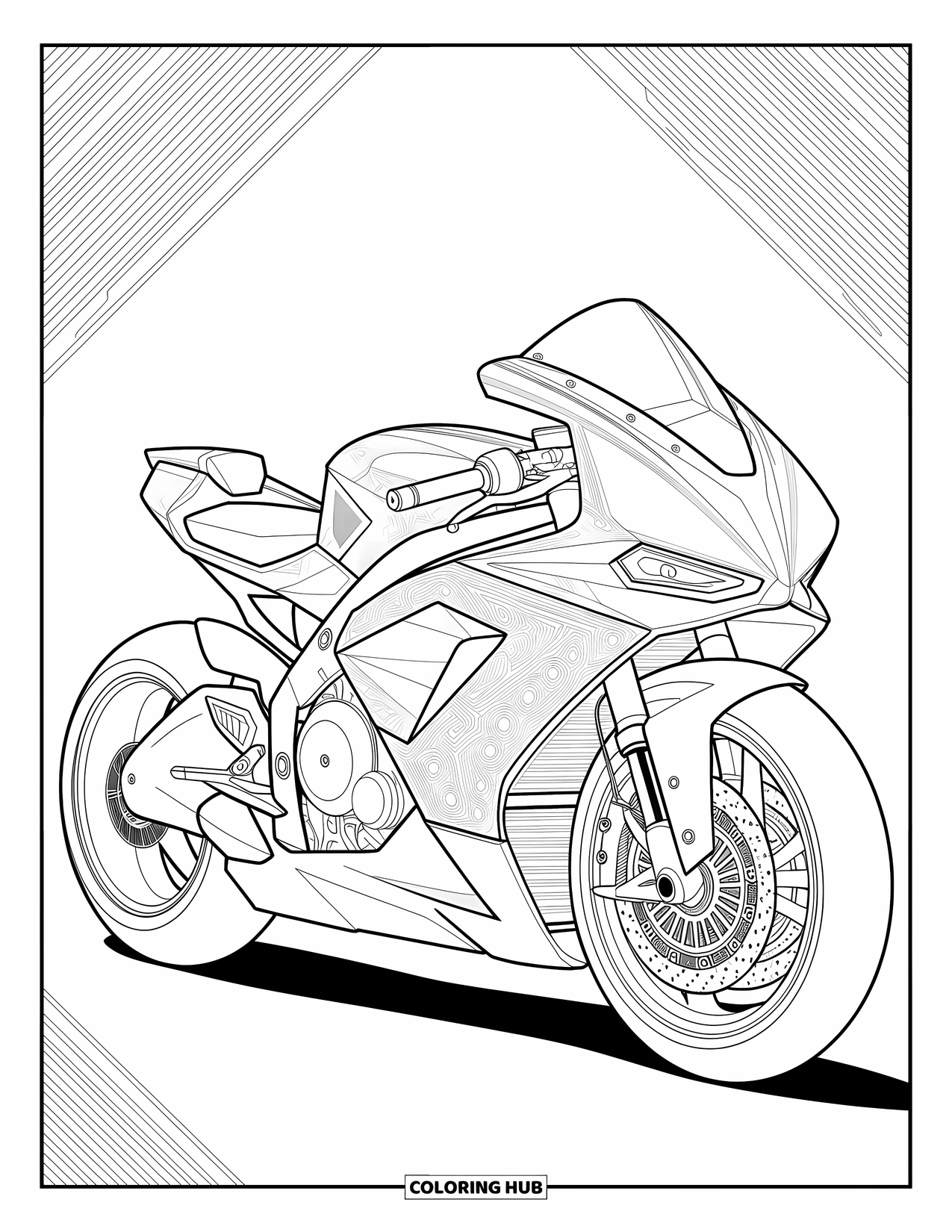 Desenho de moto para colorir para adultos: Uma moto futurista é cercada por circuitos intrincados e designs mecânicos