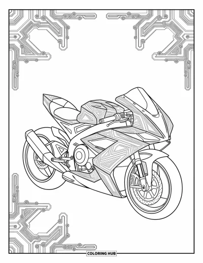 Desenho de moto para colorir para adultos: Uma motocicleta futurista é cercada por circuitos intrincados e padrões mecânicos
