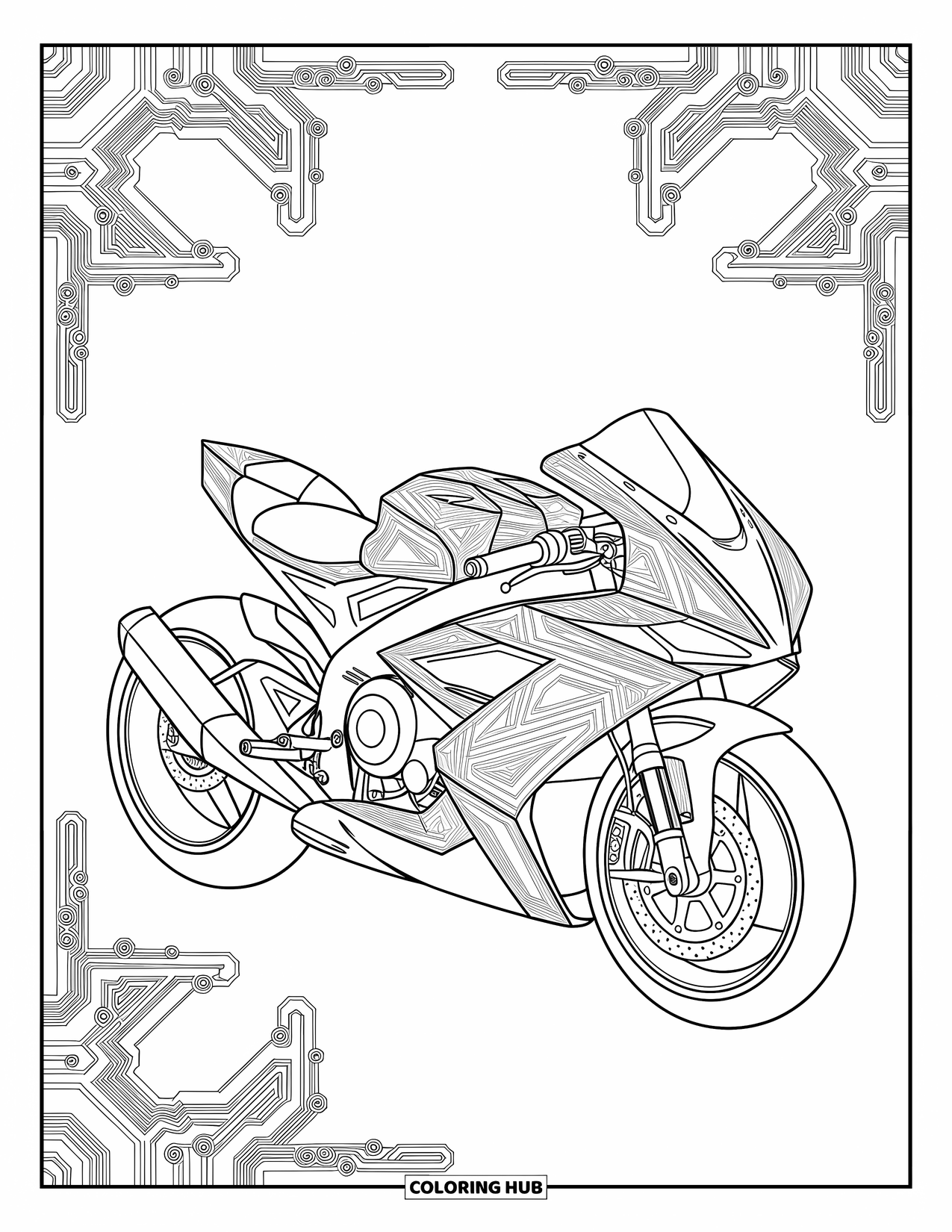 Desenho de moto para colorir para adultos: Uma moto futurista é cercada por circuitos intrincados e designs de padrões mecânicos