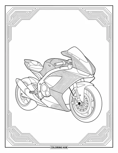 Desenho de moto para colorir para adultos: Uma motocicleta futurista está emoldurada por padrões de circuito em espiral e bordas detalhadas
