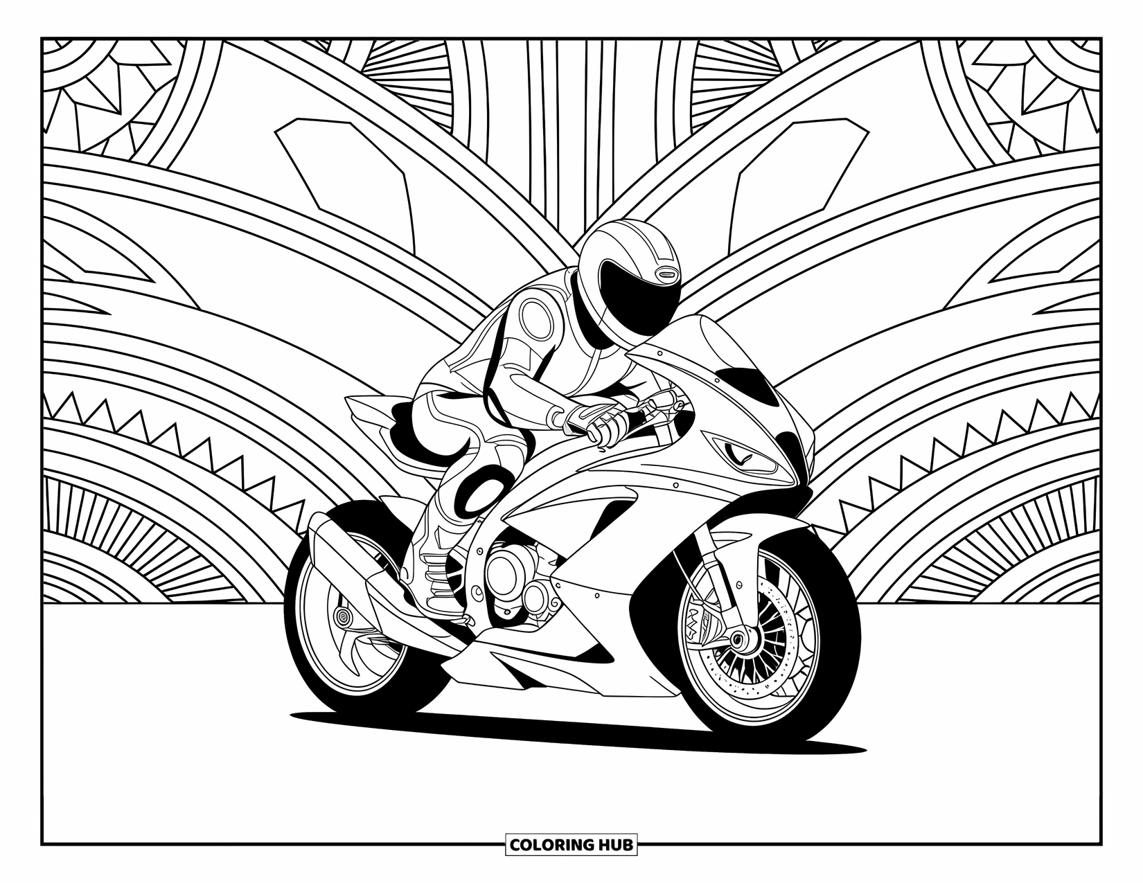 Desenho de moto para colorir para adultos: Uma moto futurista com um motociclista é cercada por formas mecânicas e de mandala