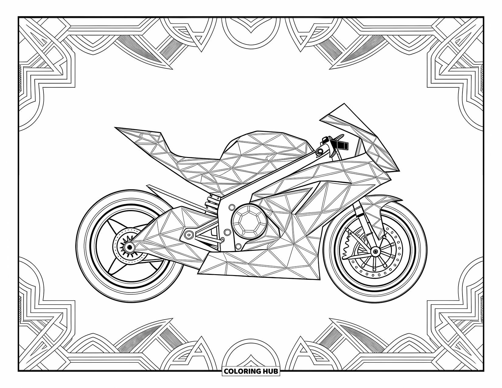 Desenho de moto para colorir para adultos: Uma moto geométrica feita de triângulos e círculos fica entre padrões simétricos intrincados