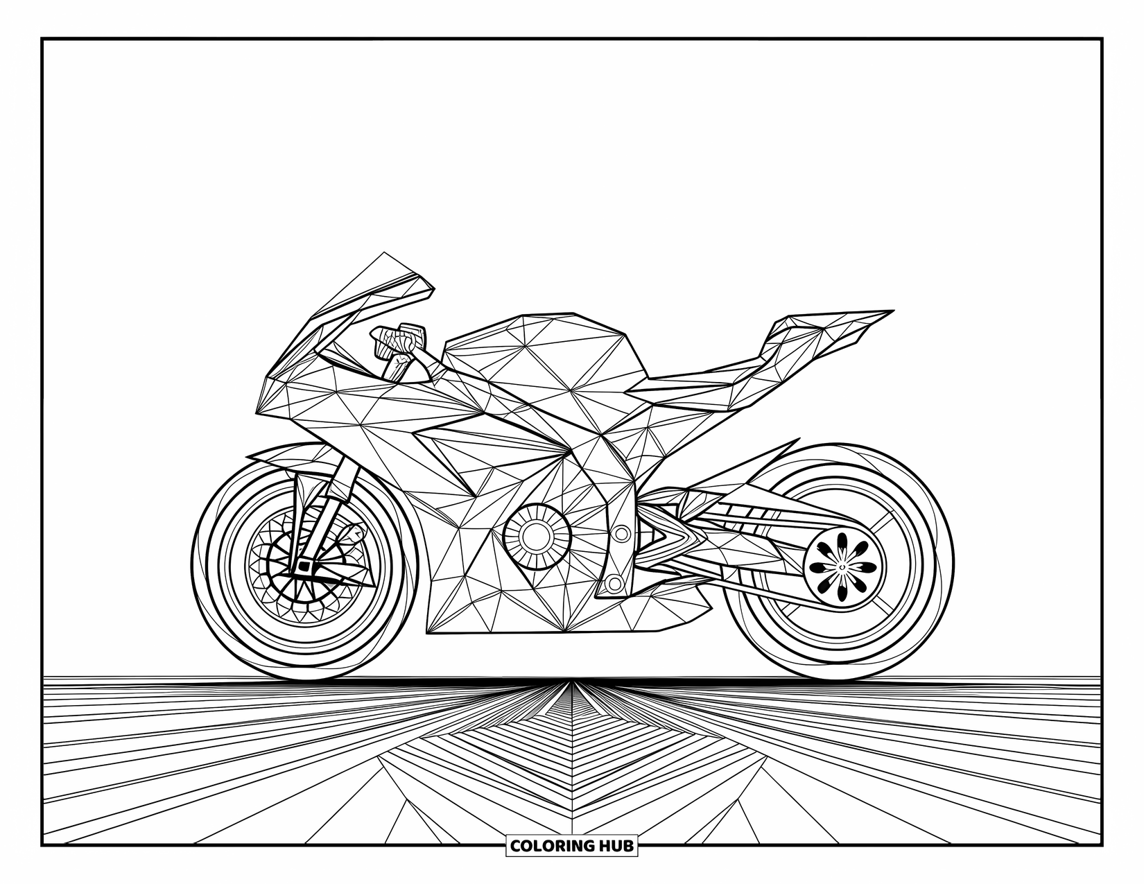 Desenho de moto para colorir para adultos: Uma moto geométrica feita de triângulos e círculos fica entre padrões simétricos