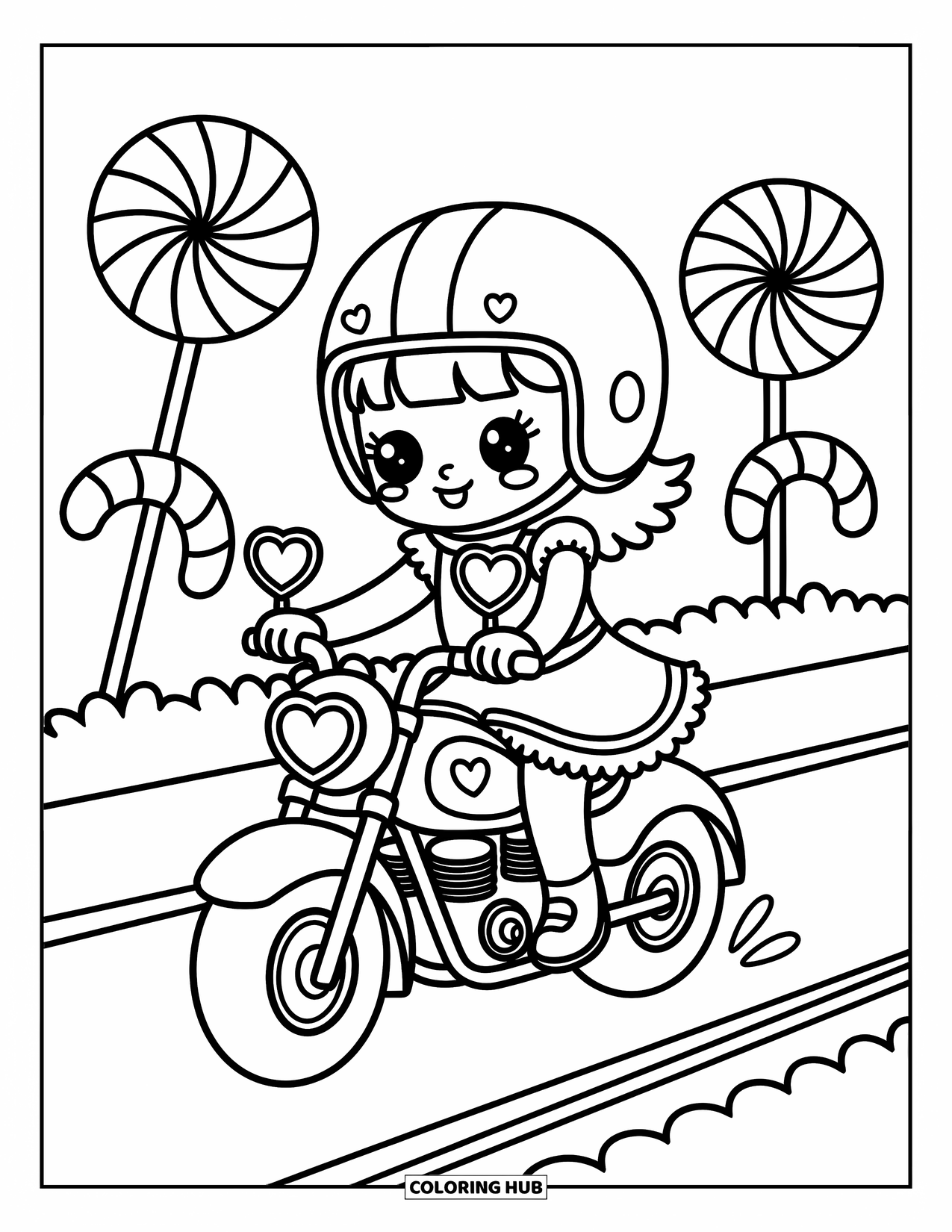 Desenho de moto para colorir para adultos: Uma garota em um vestido com babados anda de moto por pirulitos gigantes e bengalas de doces