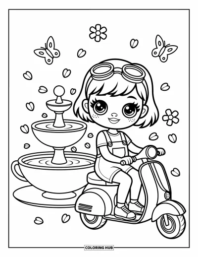 Desenho de moto para colorir para adultos: Uma garota de jardineira senta em uma scooter perto de uma fonte em forma de xícara de chá
