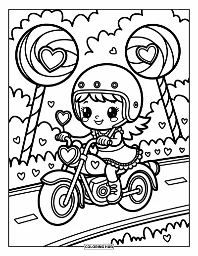 Desenho de moto para colorir para adultos: Uma garota com capacete pequeno pilota por grandes pirulitos e bengalas de Natal em um caminho divertido