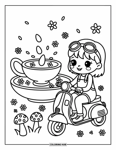 Desenho de moto para colorir para adultos: Uma garota de óculos de proteção relaxa ao lado de uma scooter e de uma fonte em forma de xícara de chá
