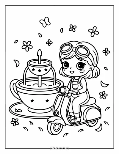 Desenho de moto para colorir para adultos: Uma garota com óculos de proteção descansa perto de uma scooter e de uma fonte em forma de xícara cercada por pétalas flutuantes
