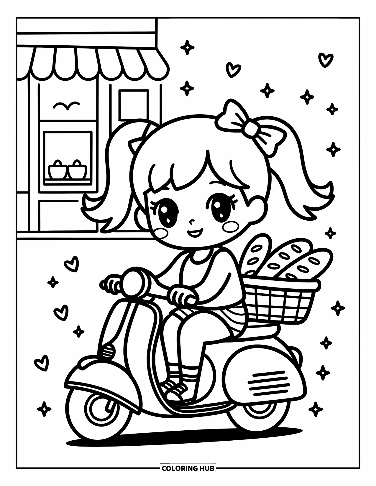 Desenho de moto para colorir para adultos: Uma garota com rabos de cavalo anda de scooter com uma cesta de pão perto de um café aconchegante