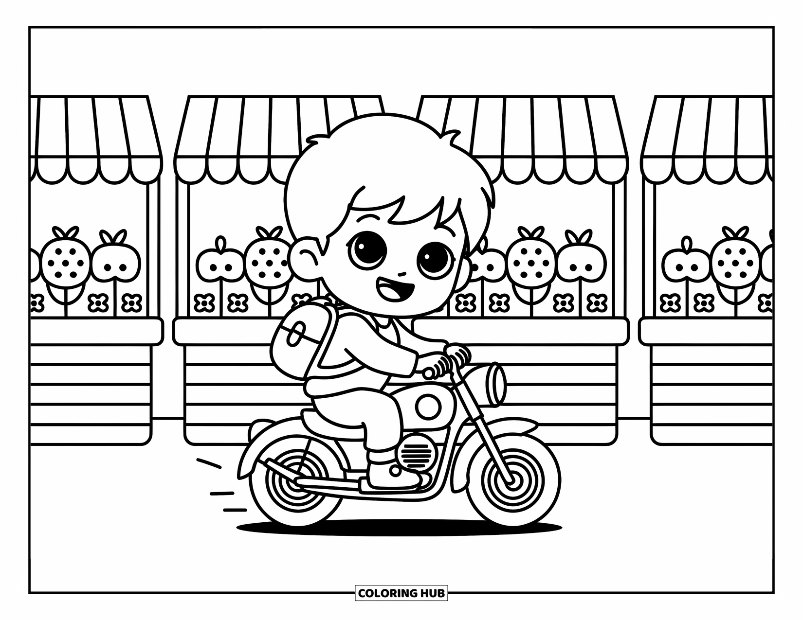 Desenho de moto para colorir para adultos: Um menino feliz em uma moto com engrenagens passa por barracas de mercado de frutas e flores