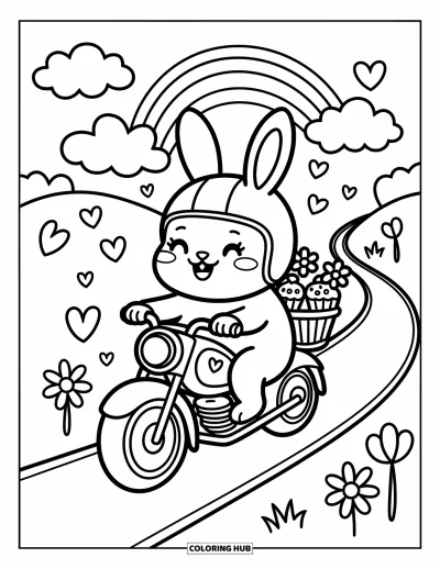 Desenho de moto para colorir para adultos: Um coelhinho feliz passeia por um caminho com corações, cesta de flores e cupcakes