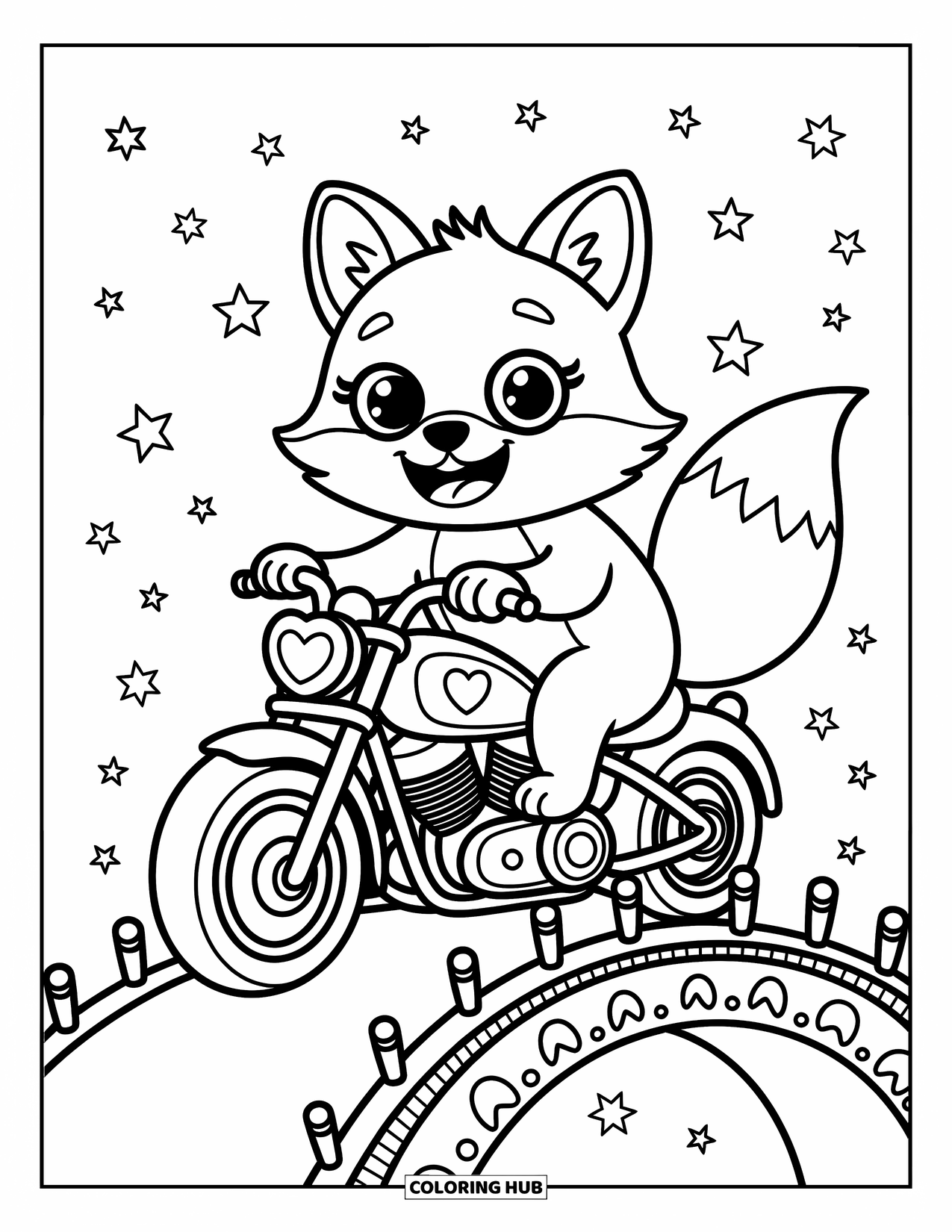 Desenho de moto para colorir para adultos: Uma raposa feliz anda em uma moto fofa em uma ponte sob estrelas mágicas flutuantes