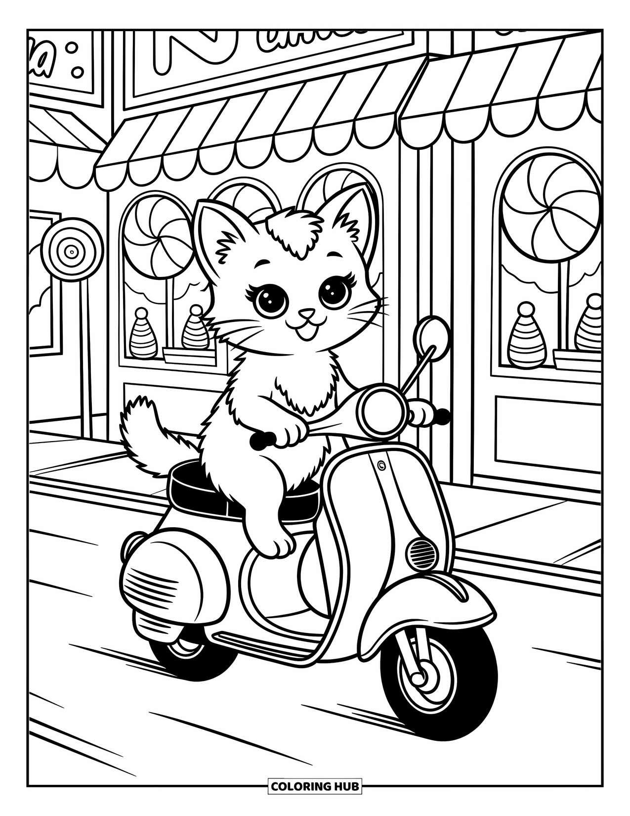 Desenho de moto para colorir para adultos: Um gatinho feliz em uma scooter passa por uma loja de doces com decorações extravagantes