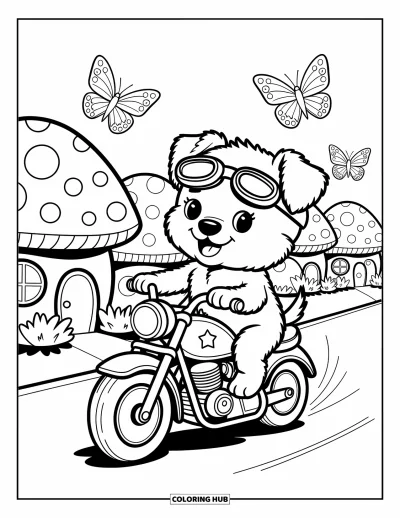 Desenho de moto para colorir para adultos: Um cachorrinho feliz de óculos de proteção pilota uma motocicleta passando por pequenas casas de cogumelo e borboletas