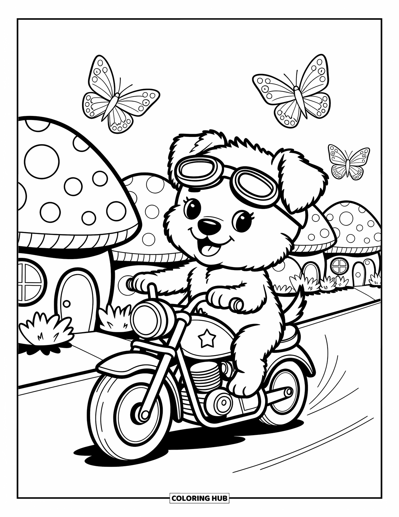 Desenho de moto para colorir para adultos: Um cachorrinho feliz com óculos de proteção anda de moto por pequenas casas de cogumelos e borboletas