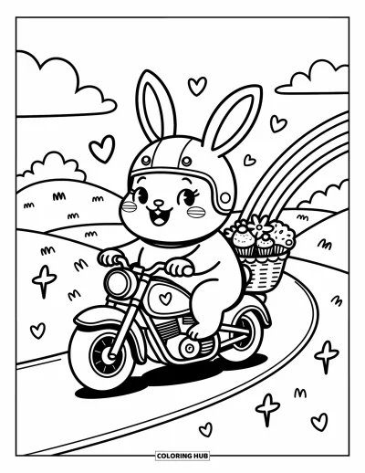 Desenho de moto para colorir para adultos: Um coelhinho feliz em uma motocicleta com uma cesta de flores e cupcakes por perto